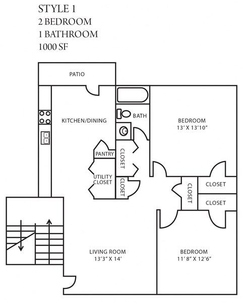 Floor plan for 2 beds, 1 bath, 1000 sqft